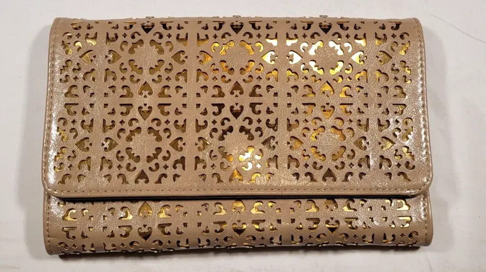 Expressions NYC Beige with Gold Cutouts Clutch Purse with Crossbody Length Chain